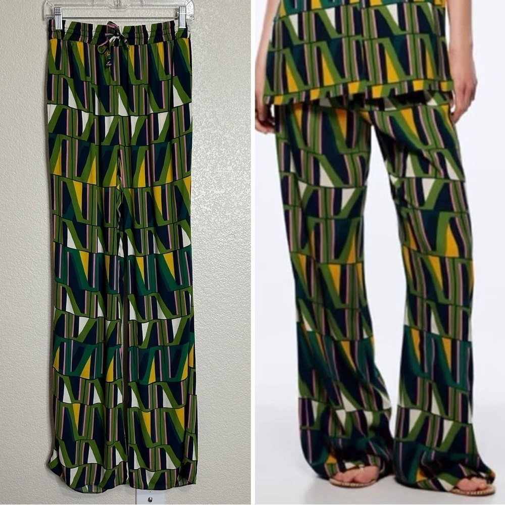 Zara Multicolor Geometric Wide Leg Pull On Pants, Sz Small